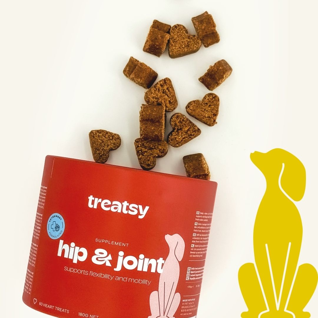Rote Dose mit "Treatsy" und "hip & joint". Herzförmige Leckerlis fallen heraus.