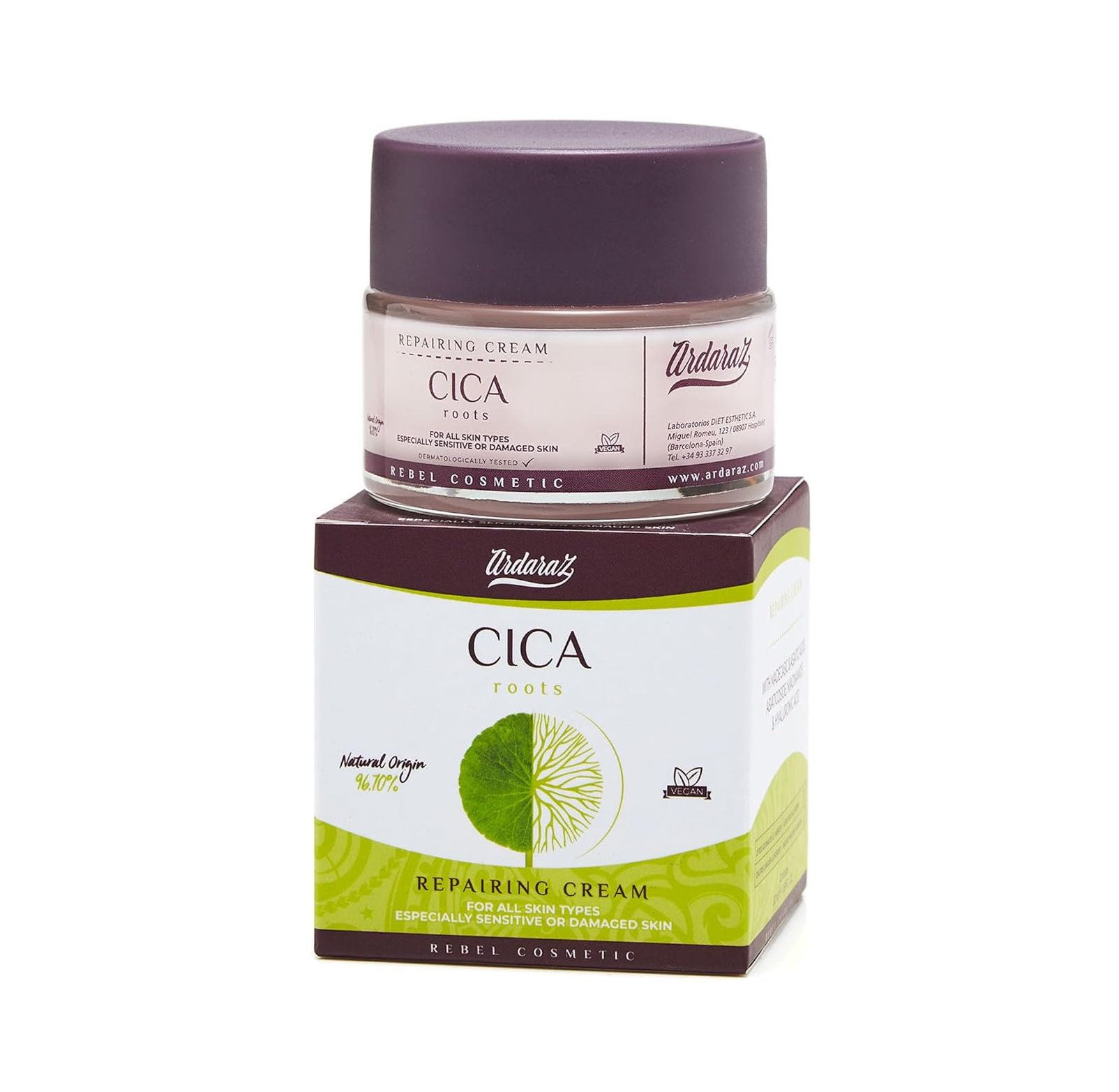 Ardaraz Cica Gesichtscreme in Glas mit Deckel auf Verpackung. Text: Cica, Repairing Cream, Rebel Cosmetic.