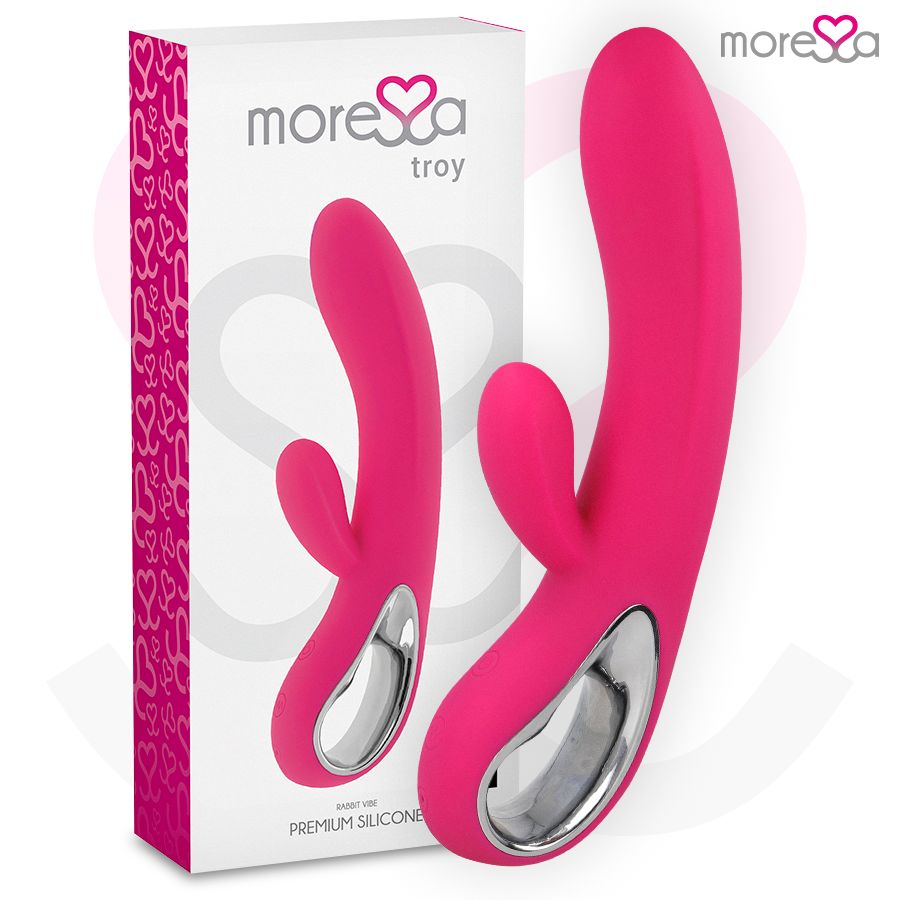 Pinkfarbener Silikon-Vibrator und Verpackung. Marke Moressa Troy. Herz-Design.