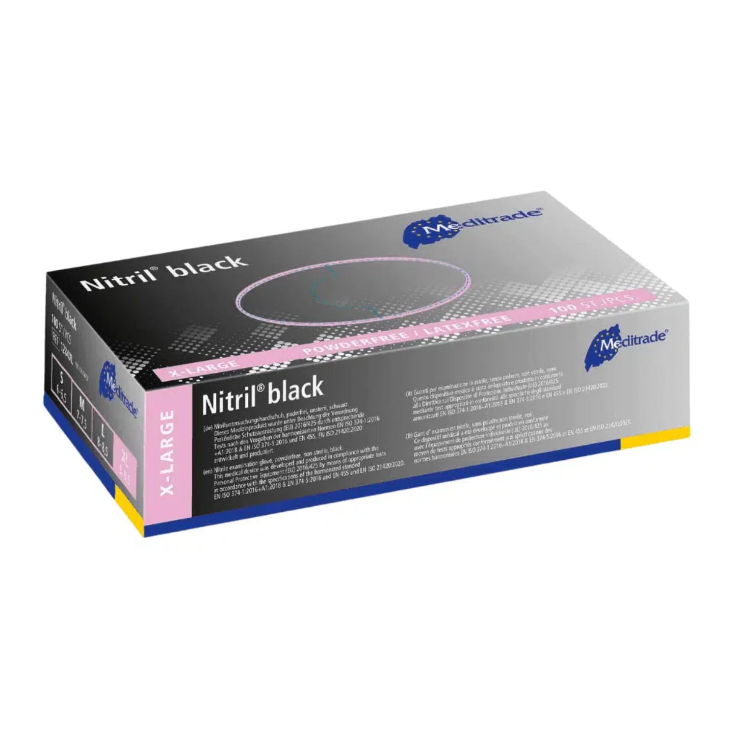 Schwarze Box mit Aufschrift "Nitril black" und Logo "Meditrade". Größe XL-Large. Rosa und gelbe Akzente.