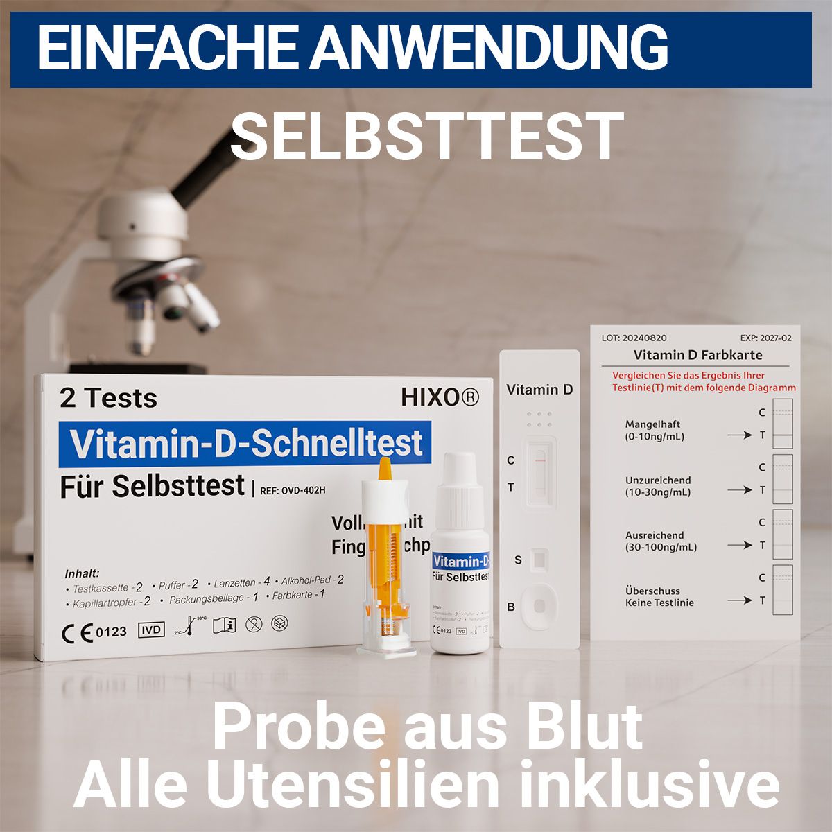 Produktverpackung und Testkomponenten. Enthält Testkassette, Tropfer, Fläschchen, und Farbkarten. Mikroskop im Hintergrund.