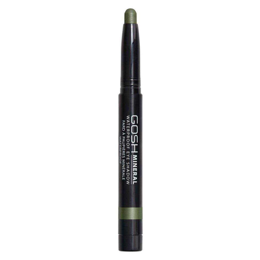 Gosh Mineral Waterproof Eye Shadow 013-Olive Green. Schwarzer Stift mit olivgrüner Spitze. Text: Waterproof Eye Shadow.