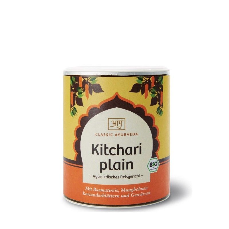 Zylindrische Dose mit Aufschrift "Kitchari plain". Gelber Hintergrund mit braunen Verzierungen und Bio-Siegel.