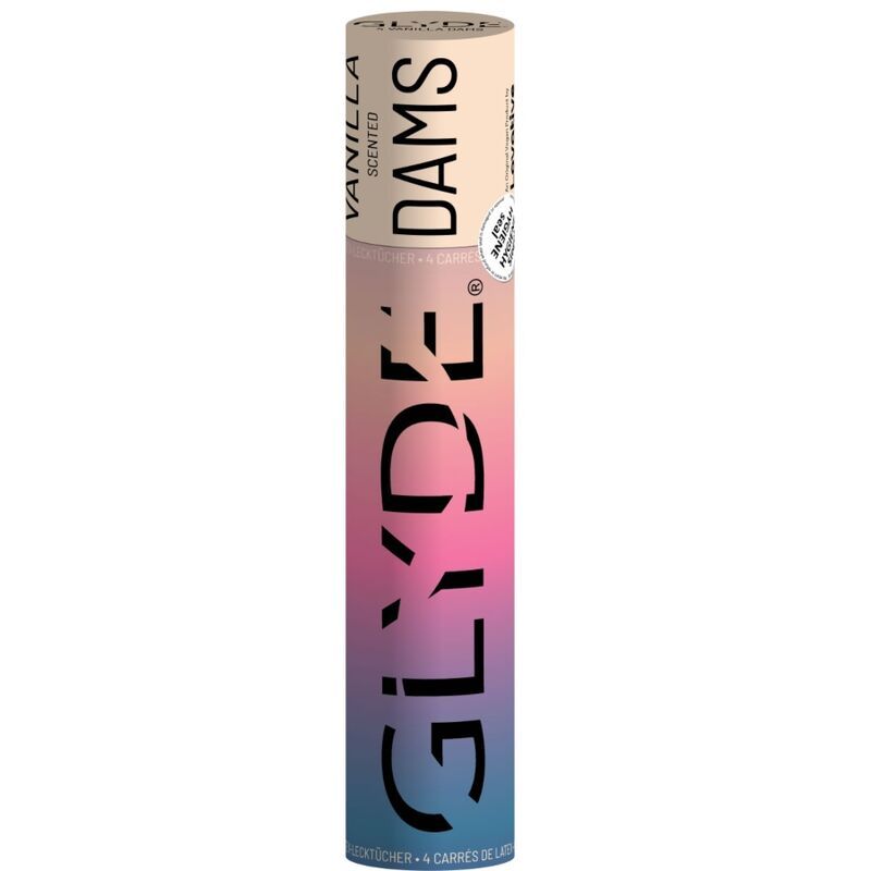 Glyde Dams Vanilla Scented Röhre mit 4 Latex-Laminas, Nahaufnahme.