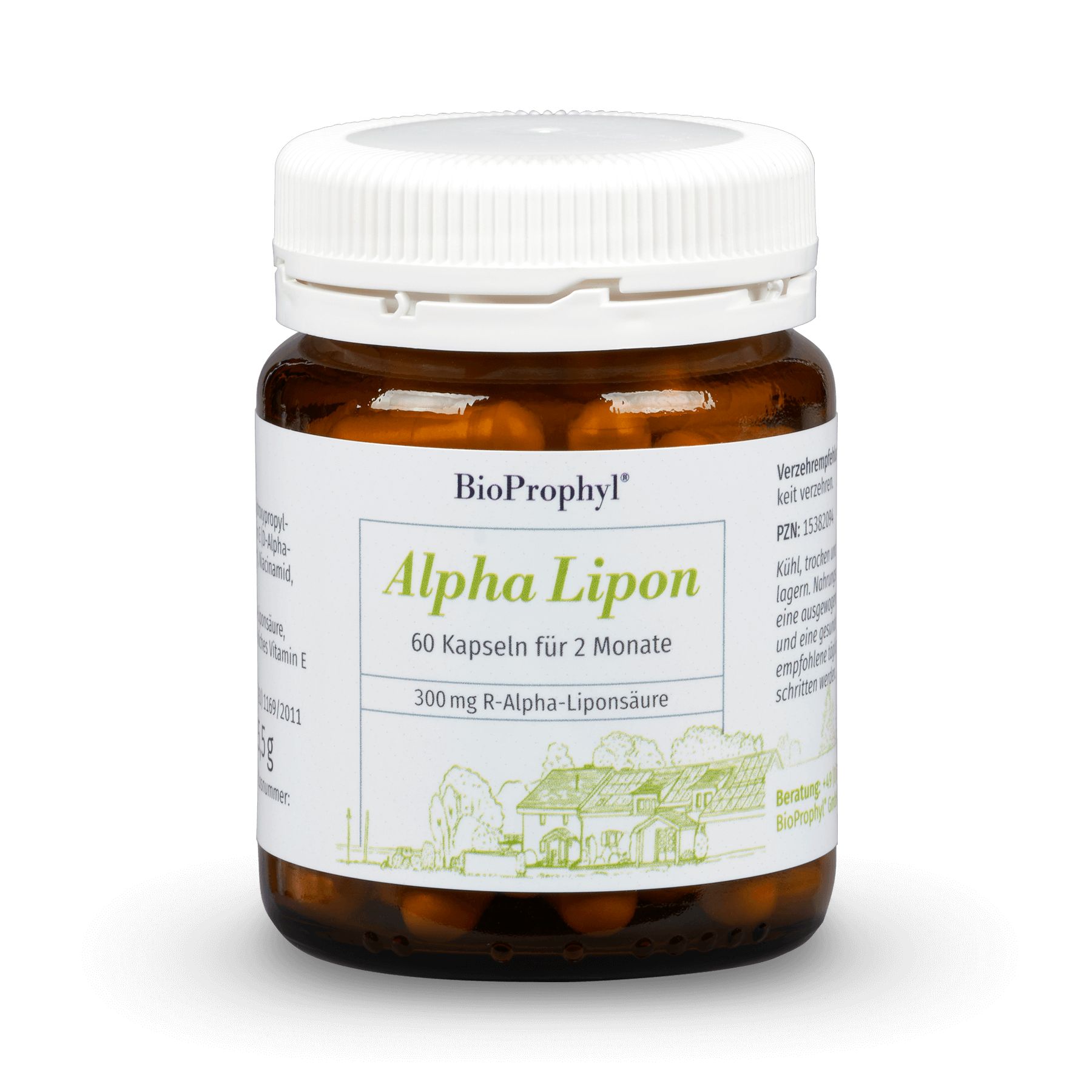 Braune Glasflasche mit weißem Deckel. Aufkleber mit "BioProphyl Alpha Lipon", 60 Kapseln, 300 mg R-Alpha-Liponsäure.