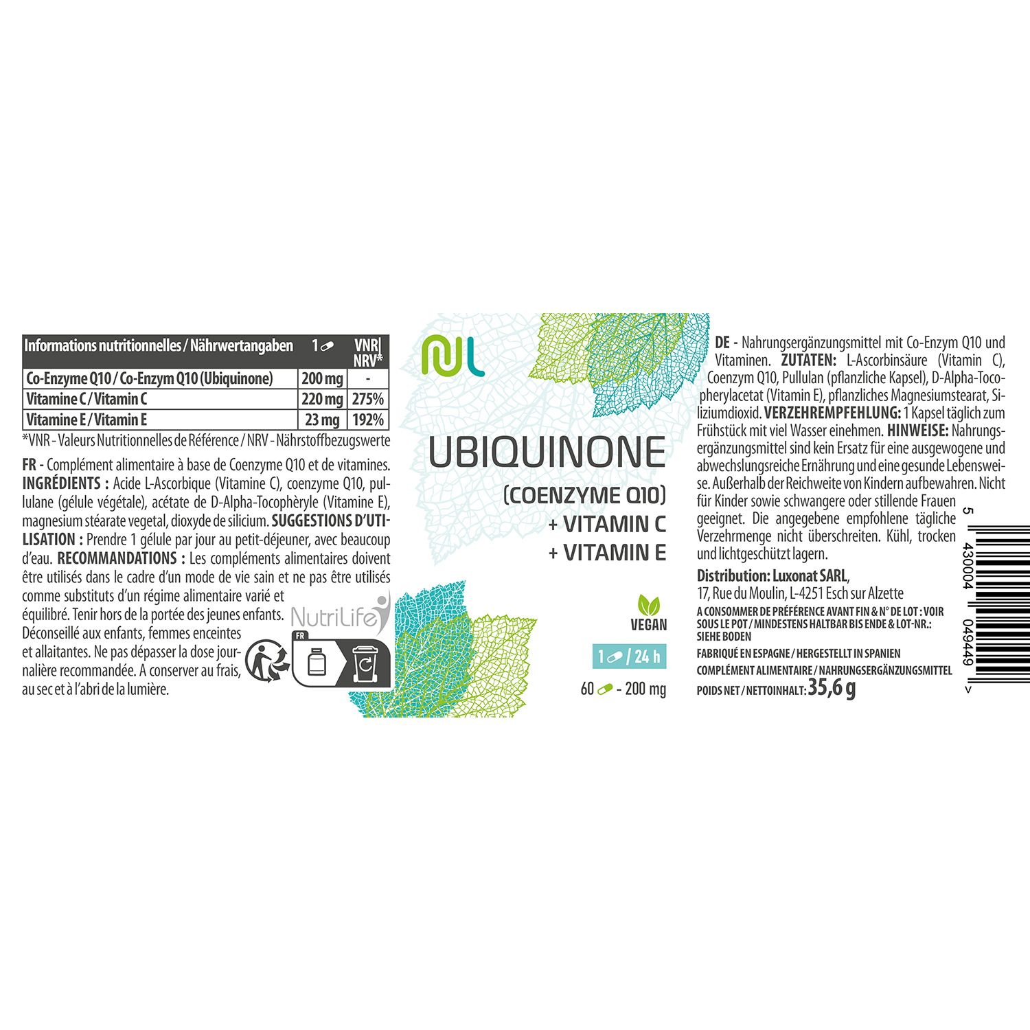 Etikett mit Produktinformationen. Enthält Ubichinon (Coenzym Q10), Vitamin C und E. Vegan. 60 Kapseln.