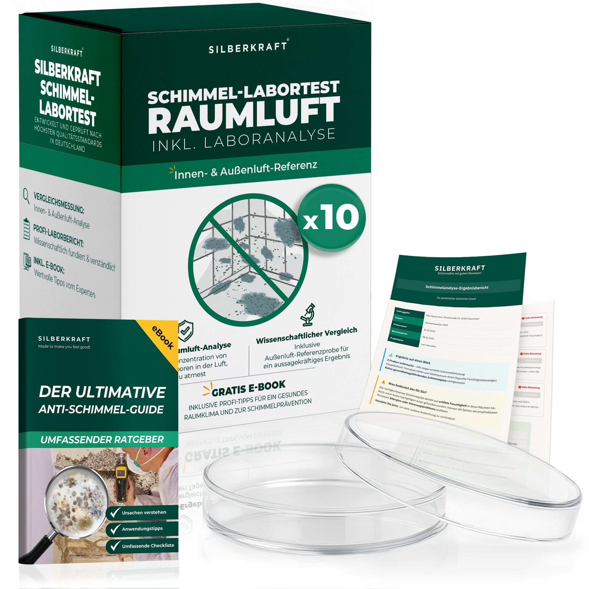 Produktverpackung mit Zubehör. Box mit Aufschrift Schimmeltest Raumluft. Enthält Petrischalen, eBook und Anleitungen.