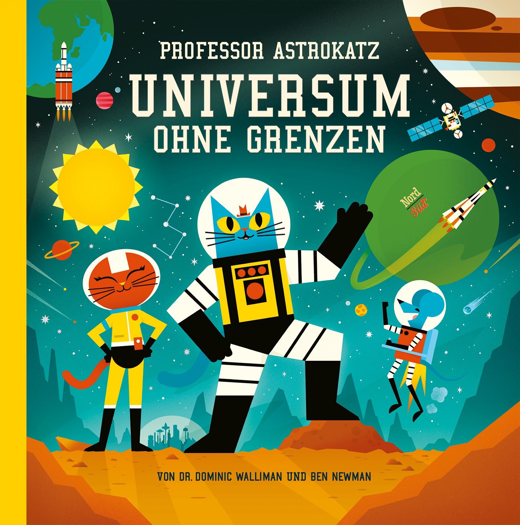 Buchcover mit Illustrationen. Titel: Universum ohne Grenzen. Figuren: Katzen in Raumanzügen, Raketen, Planeten. Autorennamen.