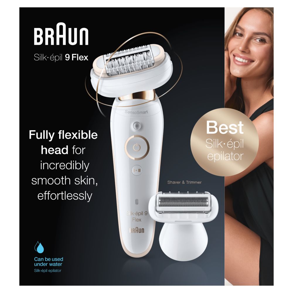 Verpackung mit Epilierer und Aufsatz. Frau lächelt. Text: Braun Silk-épil 9 Flex, Best Silk-épil epilator.