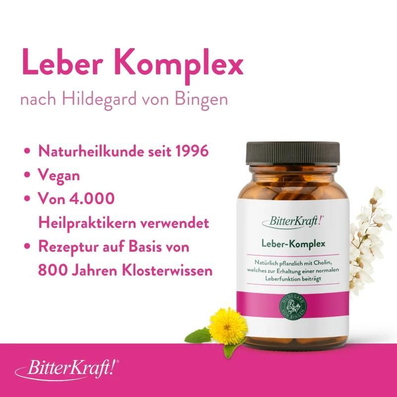 Produktflasche neben Text. Text: Naturheilkunde seit 1996, Vegan, von 4.000 Heilpraktikern verwendet, Rezeptur auf Basis von 800 Jahren Klosterwissen.