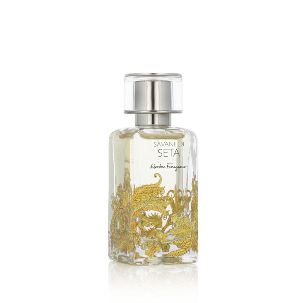 Salvatore Ferragamo Savane di Seta Eau de Parfum Flakon mit klarem Verschluss und goldenen Verzierungen.
