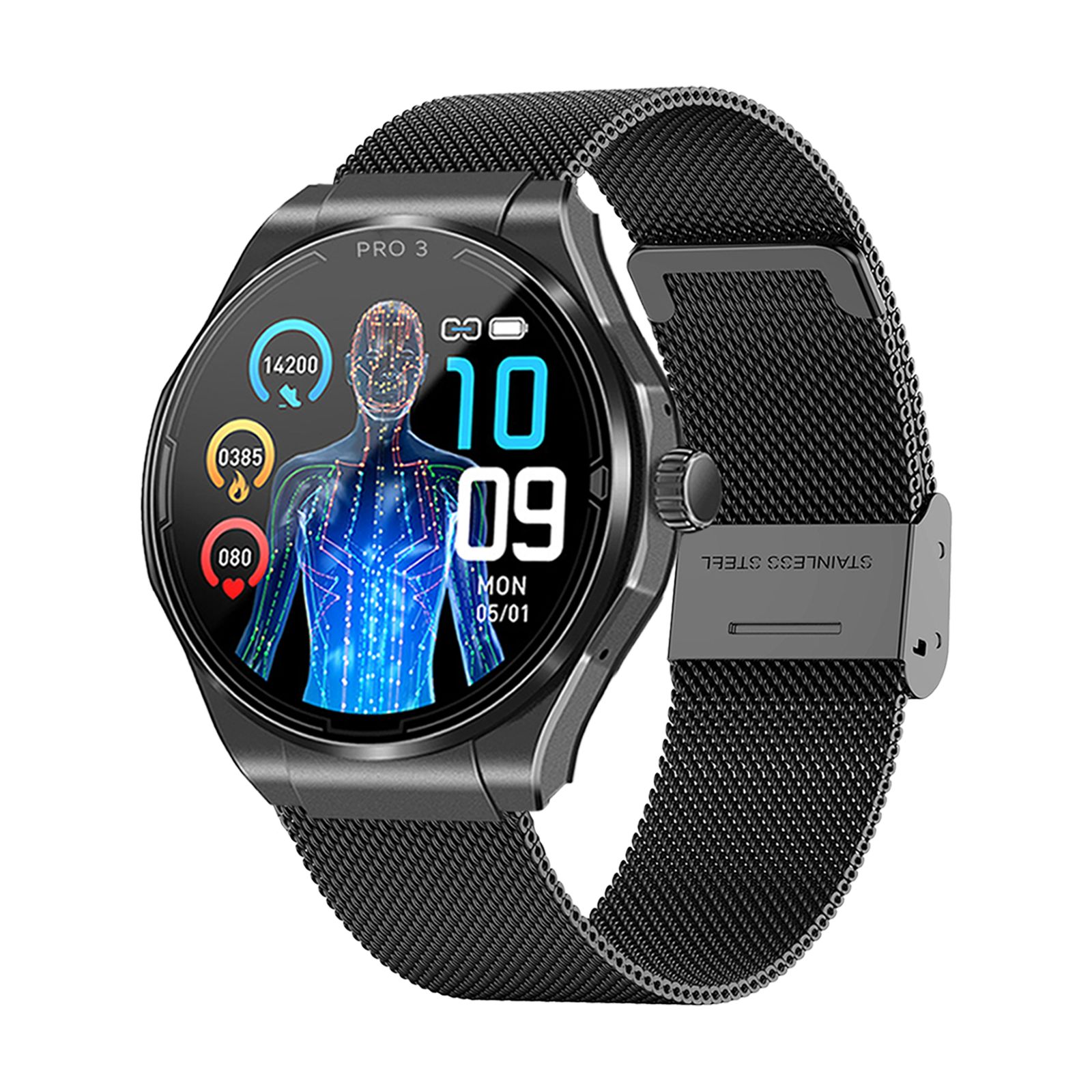 Schwarze Smartwatch mit rundem Zifferblatt und Metallarmband. Anzeige von Uhrzeit, Datum und Gesundheitsdaten. Aufschrift: PRO 3.