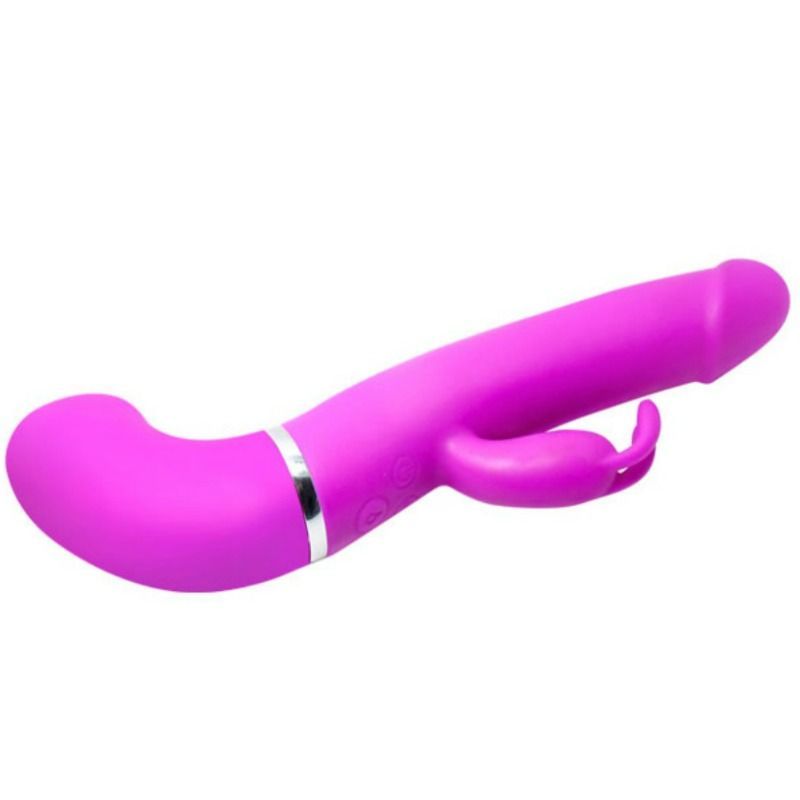 Lila Vibrator mit Kaninchenohren. Gebogene Form. Silberner Ring. Knöpfe an der Basis.
