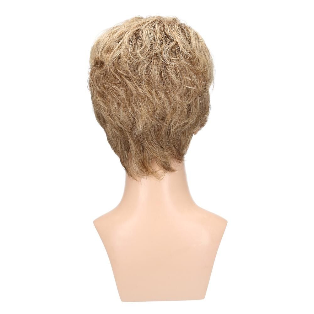 Perücke Ellen von Lofty, blond, auf einer Büste. Kurze, gewellte Haare. Rückansicht.