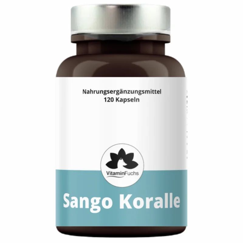 Braune Flasche mit Kapseln. Aufschrift: Sango Koralle, Vitamin Fuchs. 120 Kapseln.