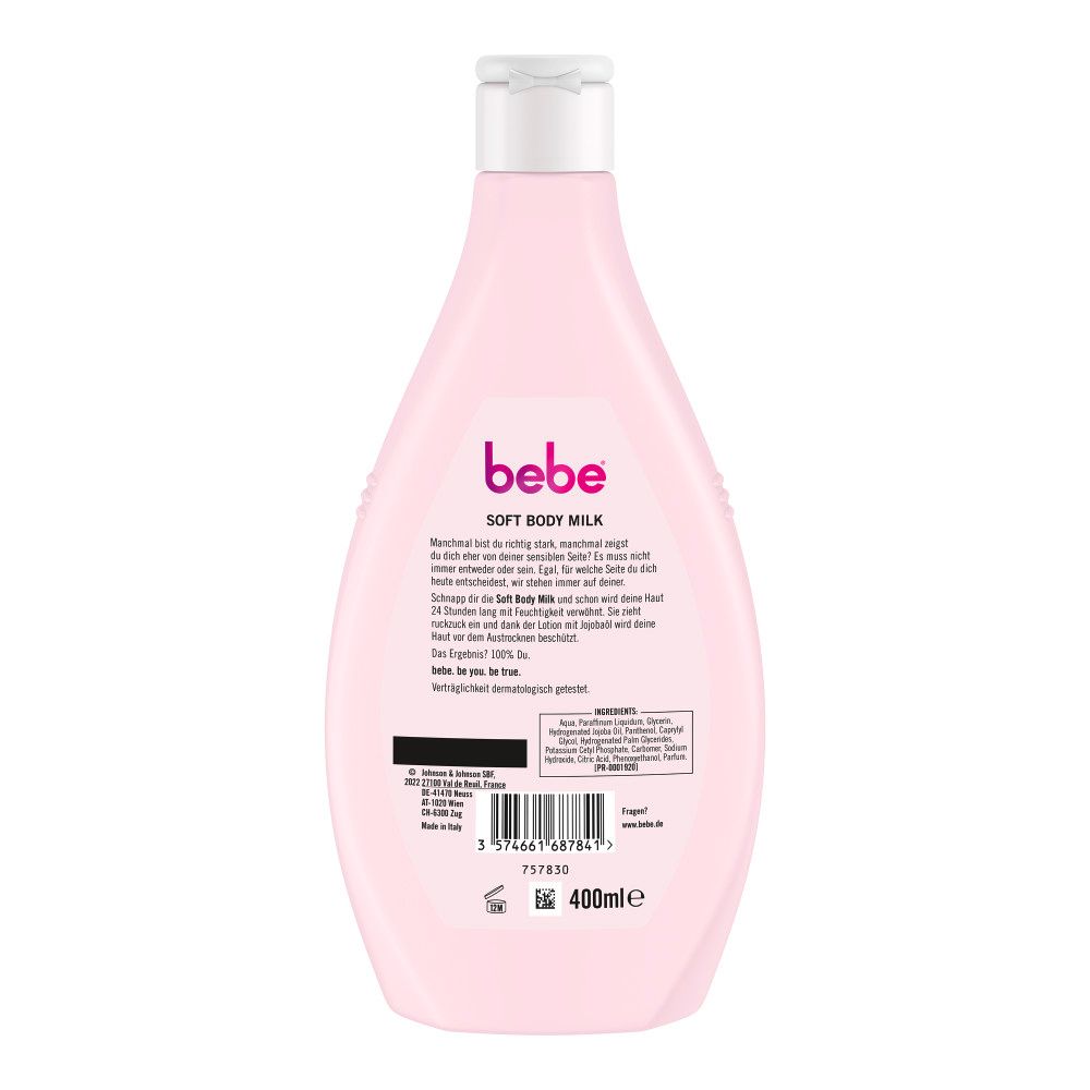 Rosa Flasche bebe Soft Body Milk, 400ml. Rückseite mit Text und Inhaltsstoffen.