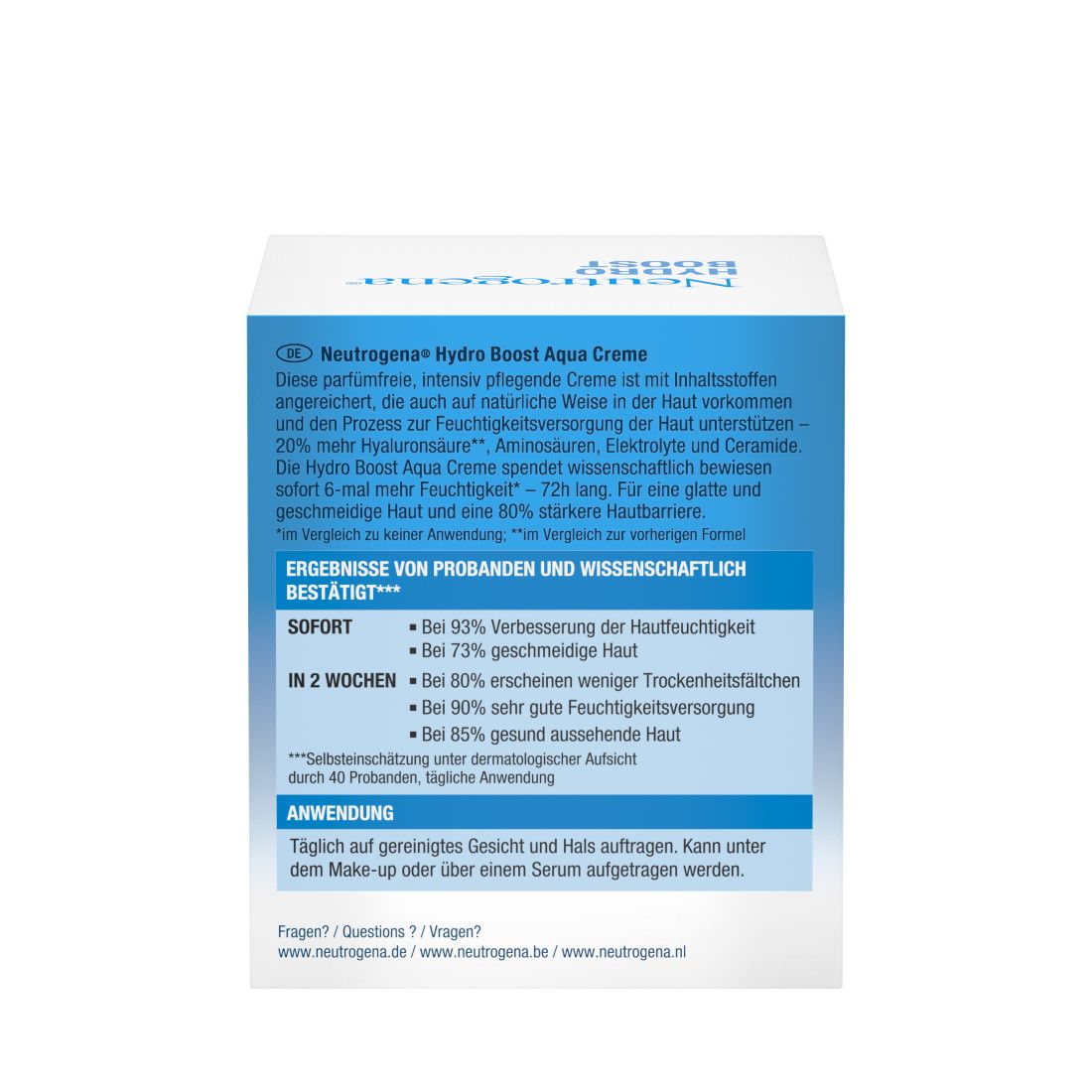 Rückseite der Produktverpackung mit Text. Informationen zu Inhaltsstoffen und Anwendung.