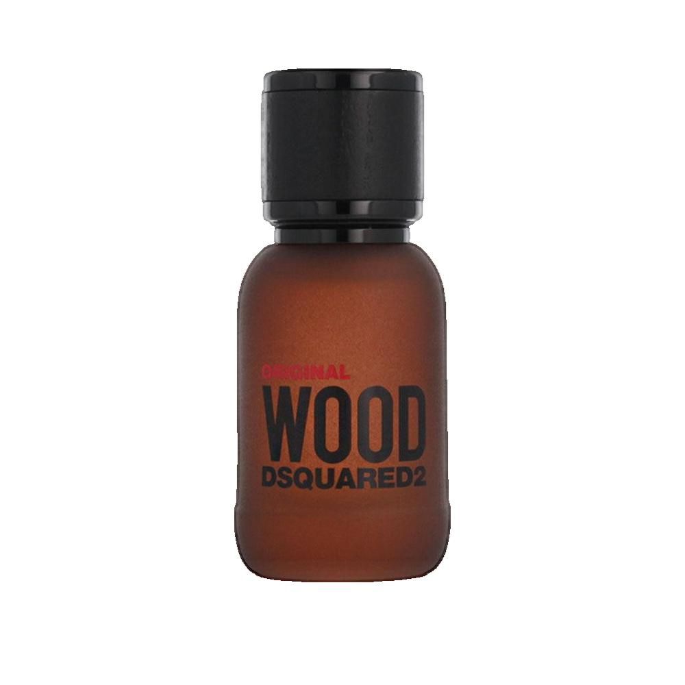 Dsquared2 Wood Original Eau de Parfum Flakon mit schwarzem Deckel.