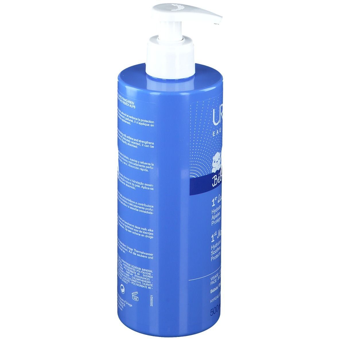 Flacon bleu avec pompe. Texte: Uriage Bébé, 1er Lait hydratant, 1er Moisturizing milk. 500ml, 17 fl.oz. Dos avec texte.