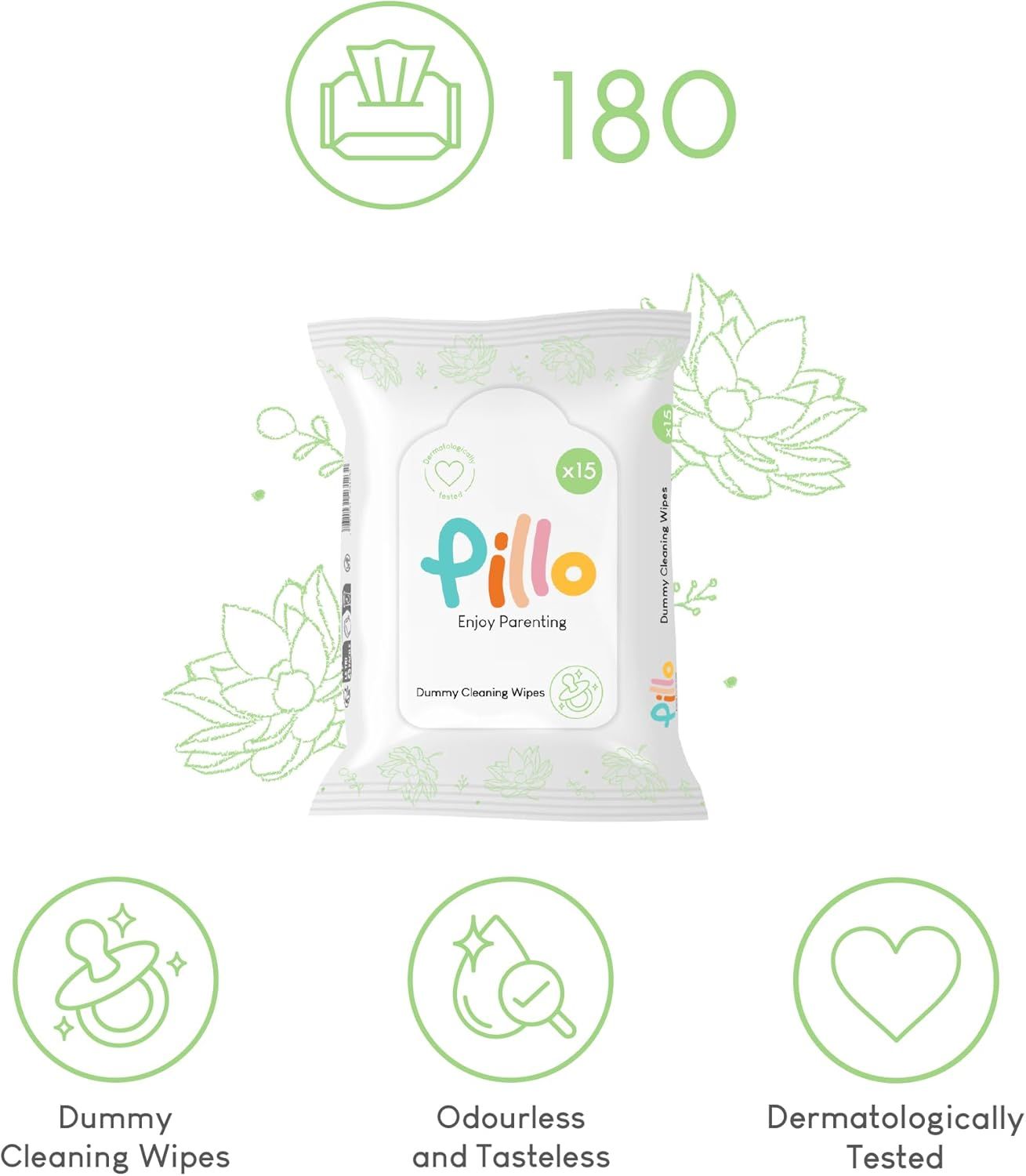Einzelpackung Pillo-Reinigungstücher für Schnuller. Weiße Verpackung mit Logo, floralem Muster und Icons. 15 Tücher pro Packung.