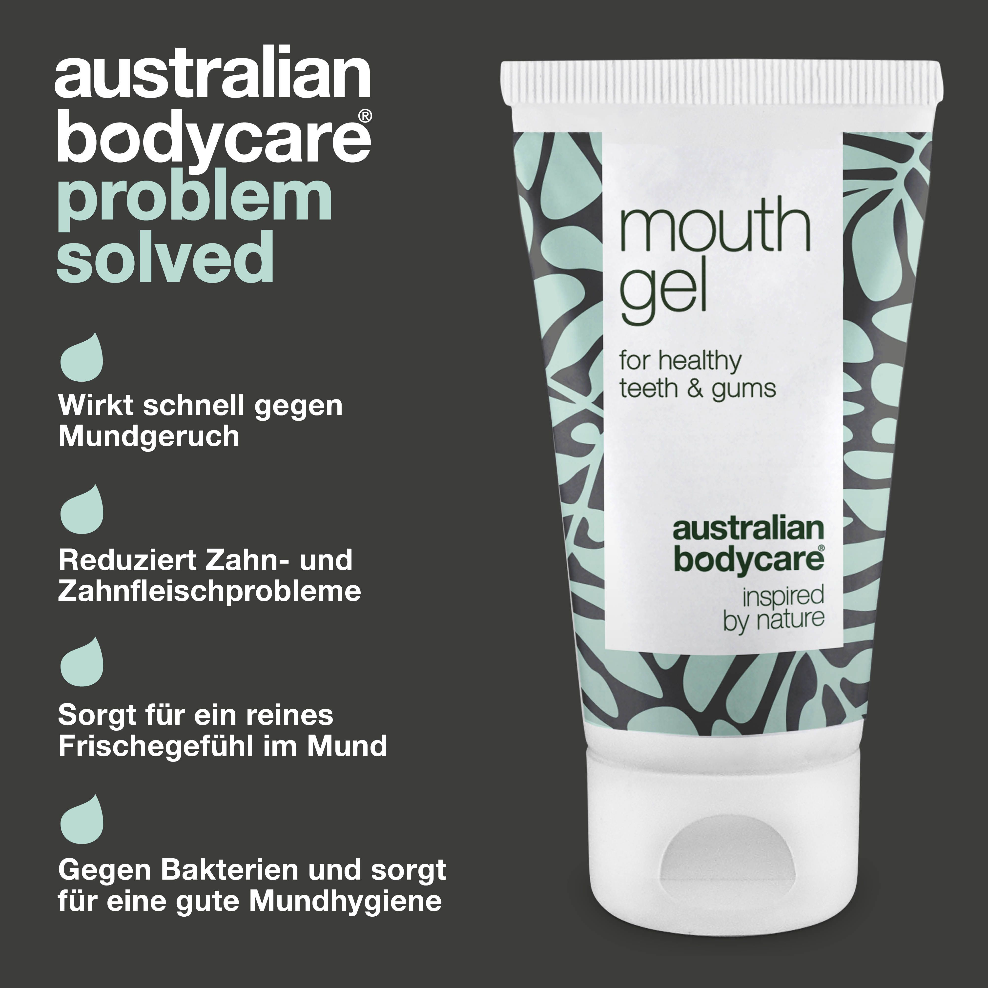 Werbebild: Mundgel-Tube. Text: mouth gel, for healthy teeth & gums, Australian Bodycare, Problem solved.