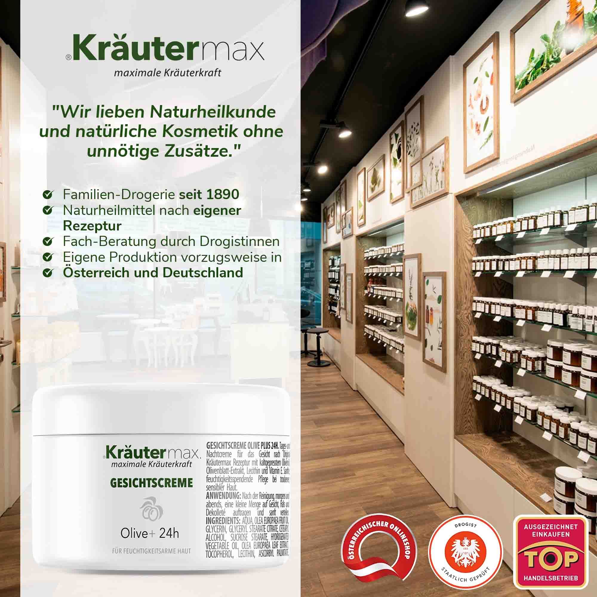 Kräutermax Gesichtscreme in Apothekenumgebung. Text: Naturheilkunde und natürliche Kosmetik. Zertifizierungen.