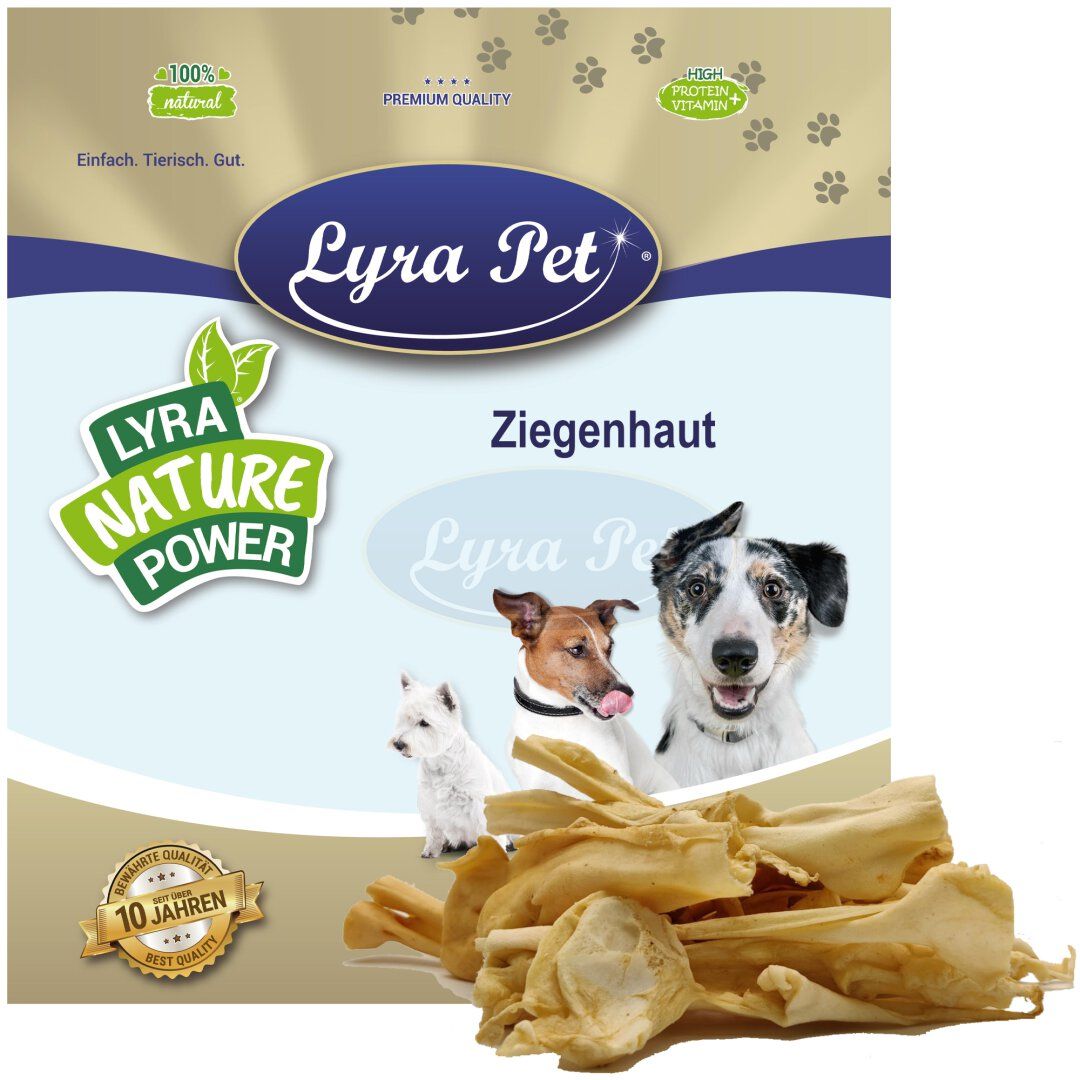 Lyra Pet Ziegenhaut. Verpackung mit Produktabbildung und Hunde. Text: Lyra Pet, Ziegenhaut, Nature Power, 100% natürlich, Premium Qualität.