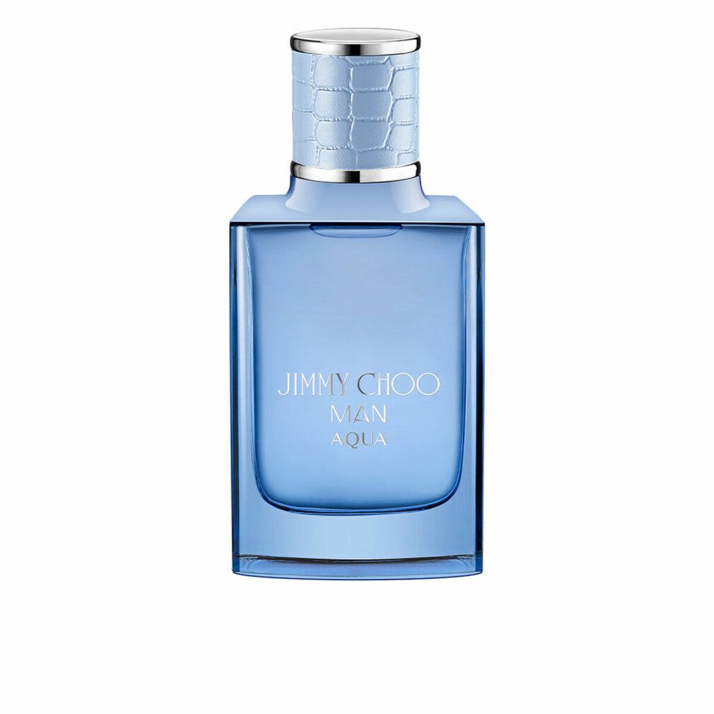 Hellblaues Parfümflakon mit silbernem Deckel. Aufschrift: JIMMY CHOO MAN AQUA.