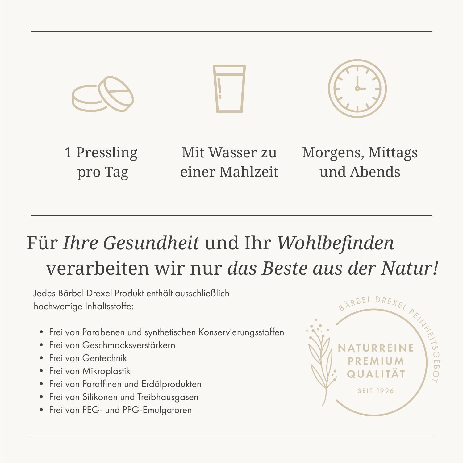 Infografik: Einnahmeempfehlung für Schilddrüse pro. 1 Tablette pro Tag, mit Wasser zu einer Mahlzeit.