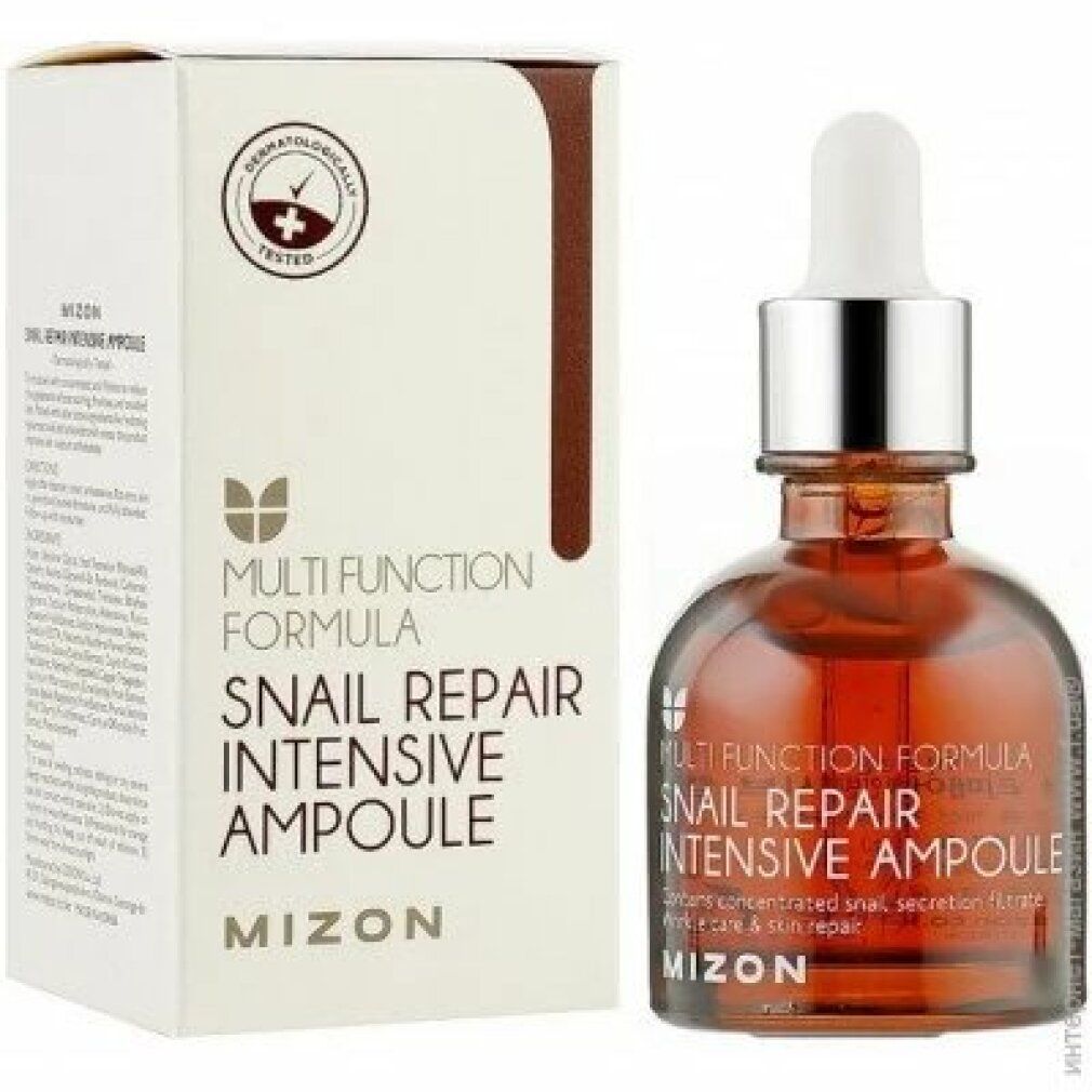 Produkt und Verpackung. Flasche und Karton mit Aufschrift: Snail Repair Intensive Ampoule. Marke: MIZON. Dermatologisch getestet.