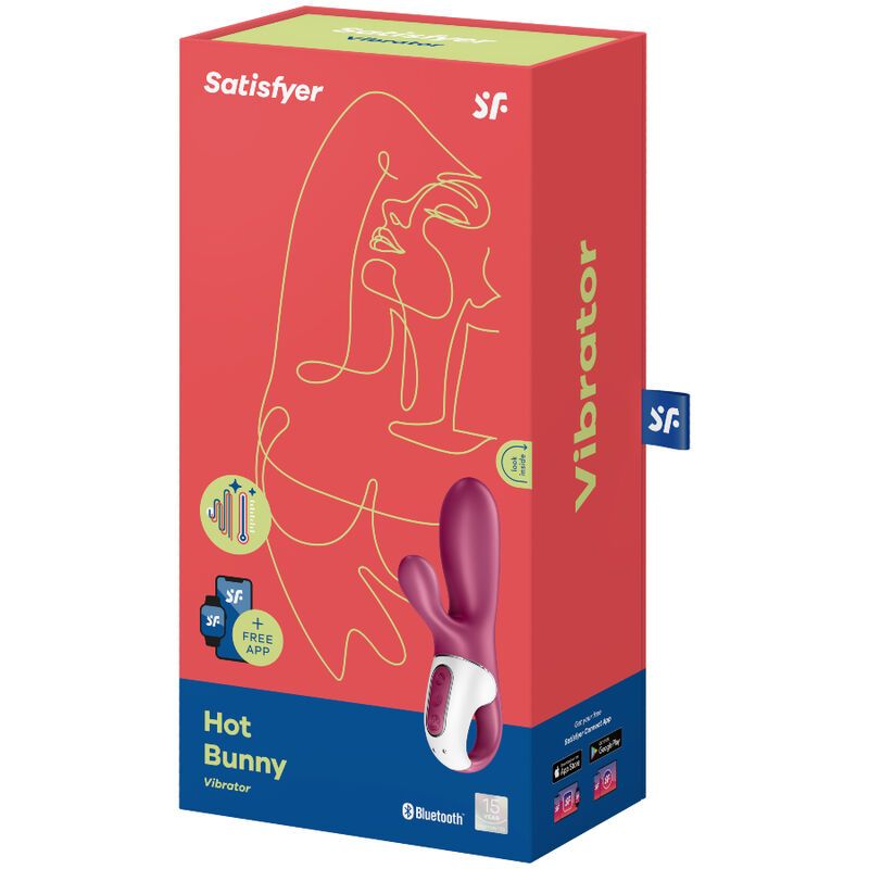 Verpackung mit Produktabbildung, Schriftzug "Hot Bunny" und "Satisfyer". Vibrator in Lila und Weiß.