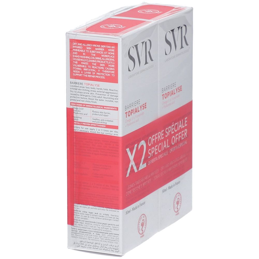 SVR Barriere Topialyse duopack, schuin. Wit en rode verpakking met productnaam en logo. "Offre Spéciale" en "X2".