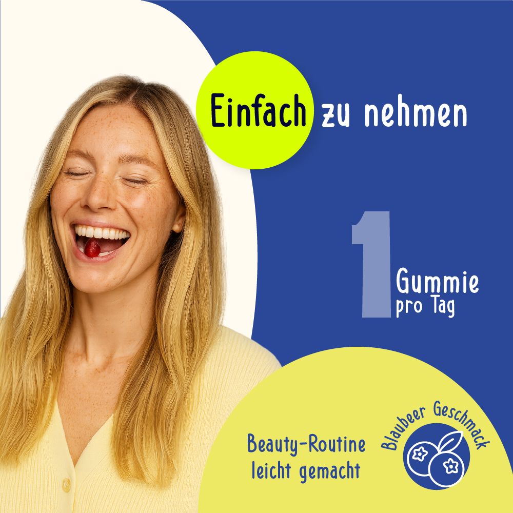 Frau lächelt und nimmt eine rote Gummibärchen in den Mund. Text: 1 Gummie pro Tag. Blaubeer-Geschmack.