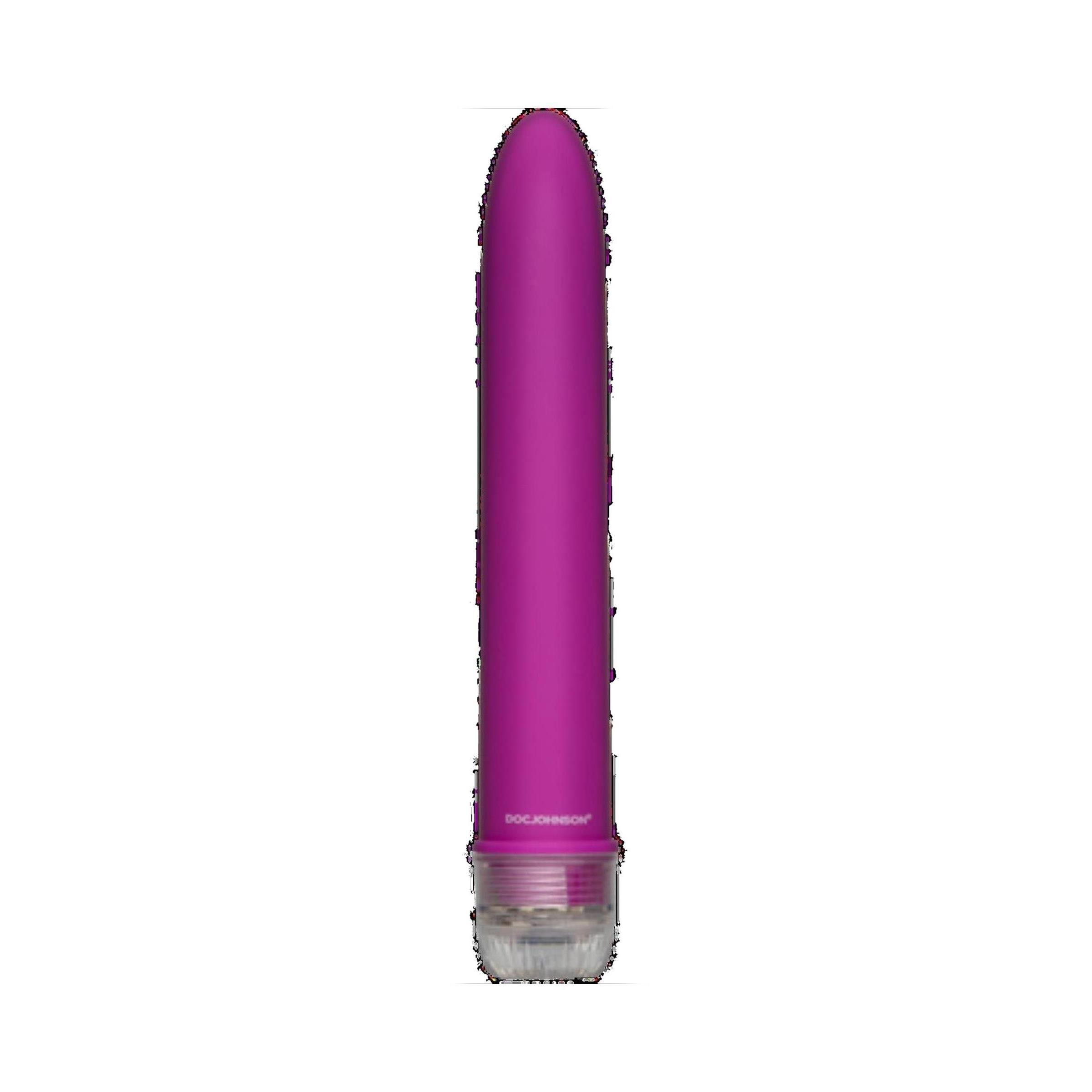 Lila Vibrator mit abgerundeter Spitze. Unterteil transparent.