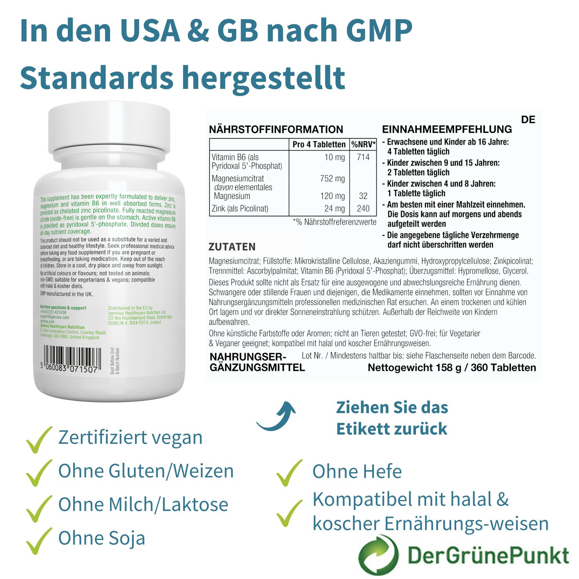 Rückseite der Igennus Neurobalance-Flasche mit Text und Informationen. Text: In den USA & GB nach GMP Standards hergestellt.