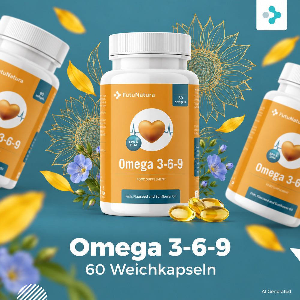 Flasche FutuNatura Omega 3-6-9, 60 Weichkapseln. Dekoriert mit Sonnenblumen und Blättern.