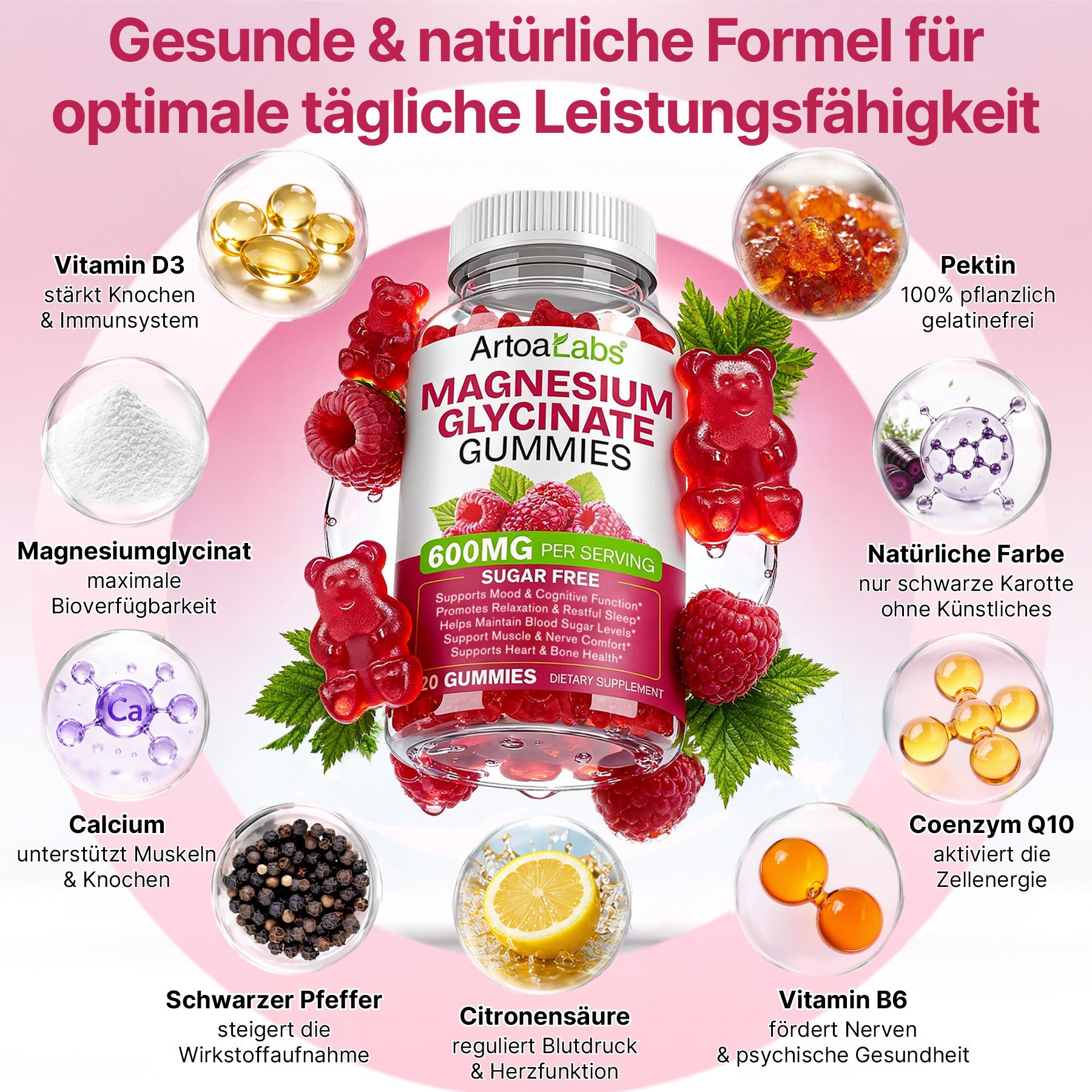 Flasche ArtoaLabs Magnesium Glycinate Gummies, 60 Stück, zuckerfrei, mit Bären-Gummis und Himbeeren.