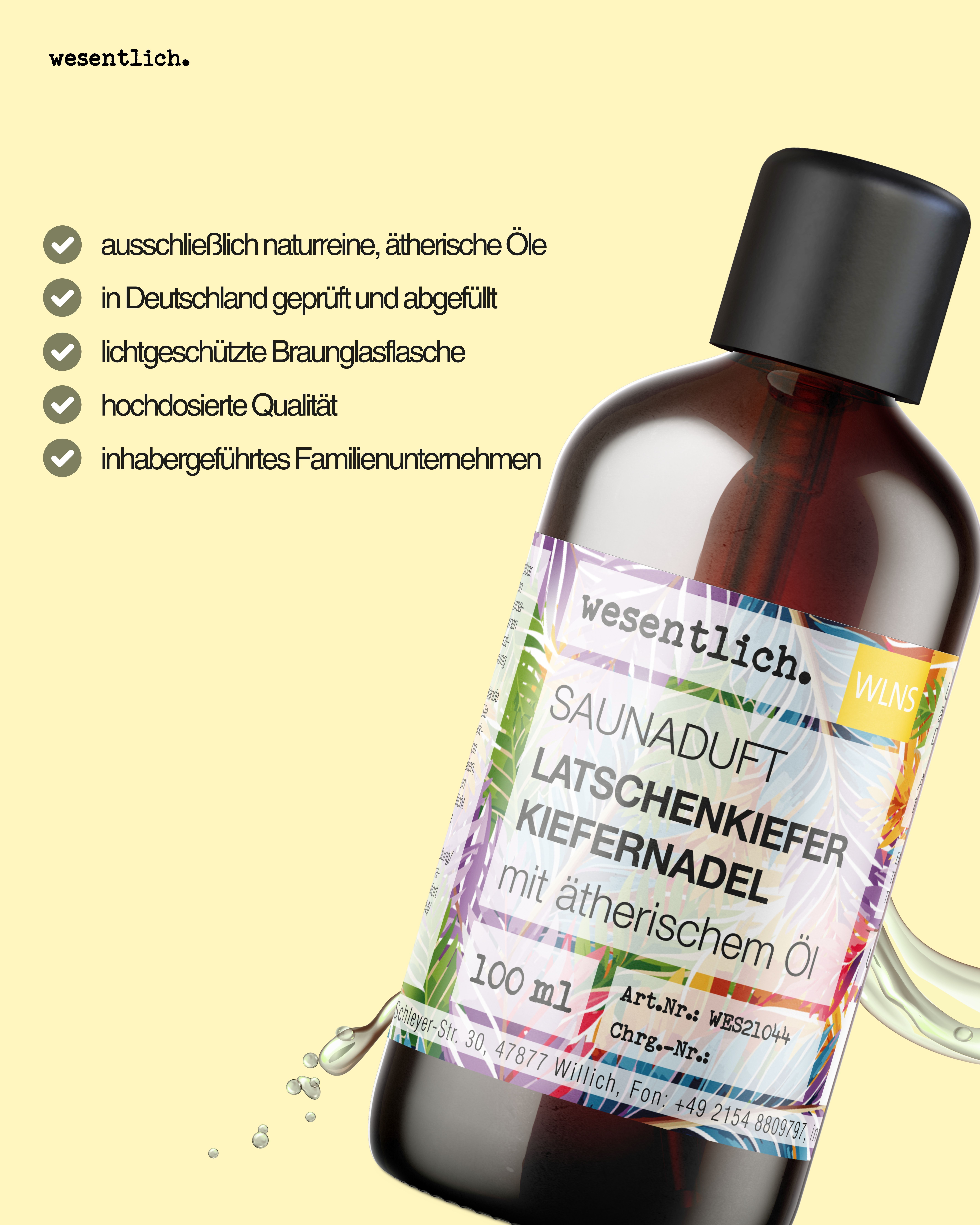 Braune Glasflasche mit schwarzem Deckel. Etikett mit Produktbezeichnung: Saunaduft Latschenkiefer-Kiefernadel. Mit ätherischem Öl. 100 ml. Text: wesentlich.