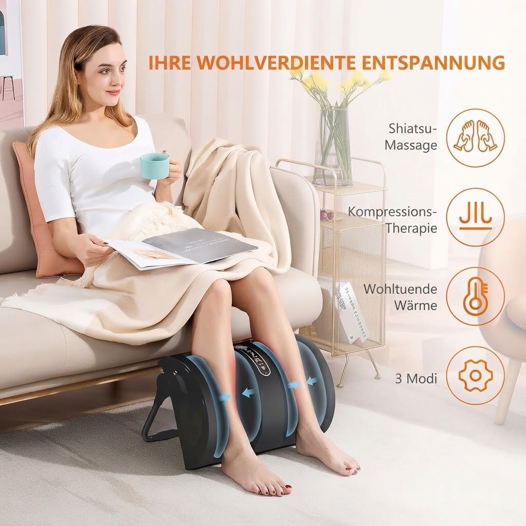 Frau entspannt sich mit einem Beinmassagegerät, das Shiatsu, Kompression und Wärme bietet.