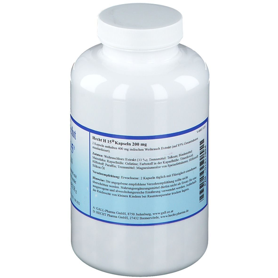 Weiße Flasche mit blauem Etikett. Aufschrift: Hecht H 15 Kapseln 200 mg. Rückseite mit Inhaltsangaben.
