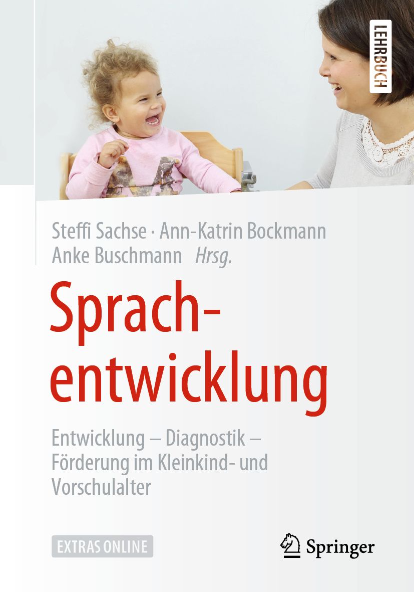 Buchcover mit dem Titel "Sprachentwicklung". Autorennamen und Springer-Logo sind sichtbar. Ein lächelndes Kind und eine Frau sind abgebildet.