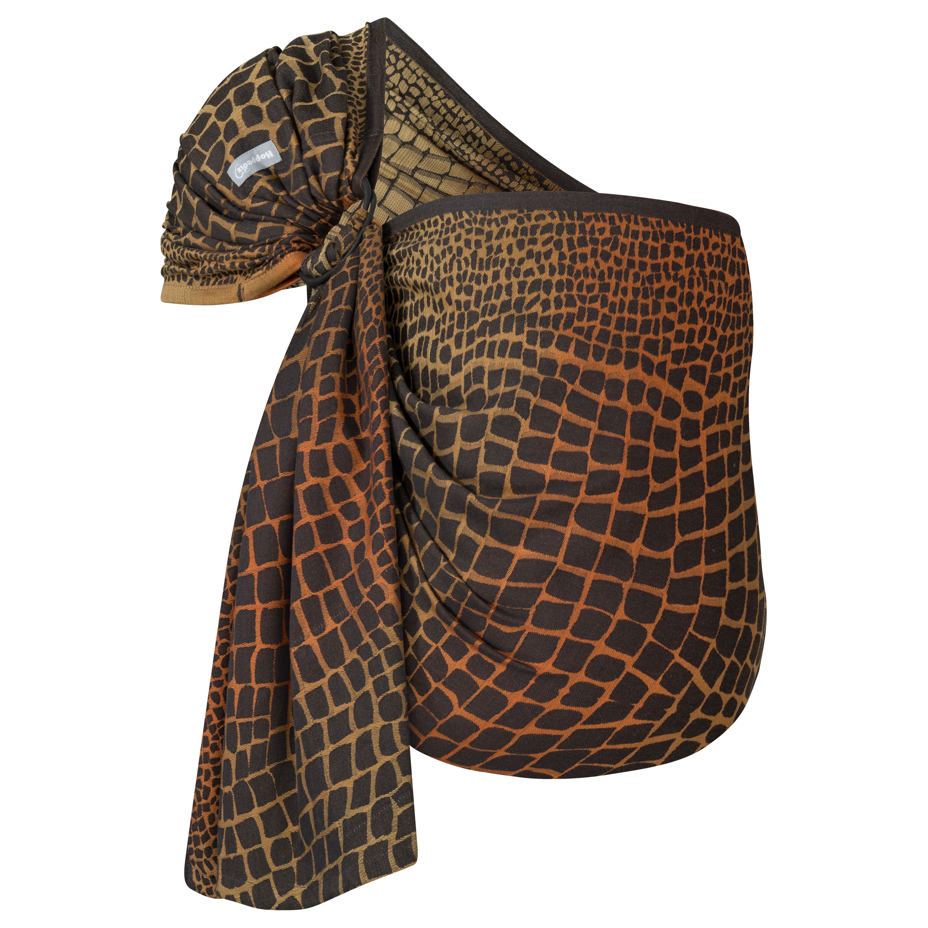 Ring-Sling mit braun-orangenem Muster. Stoff mit quadratischem Muster, Ringe oben. kbA-Zertifizierung.