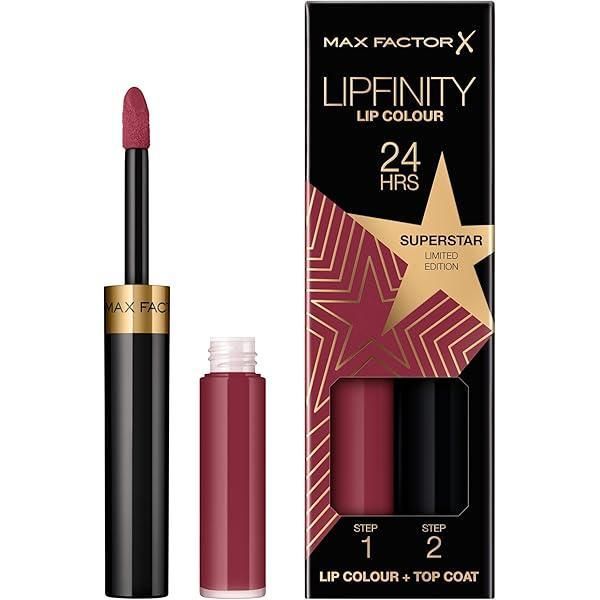 Lippenstift-Set. Schwarze Hülse mit goldener Schrift. Verpackung mit Produktabbildung und Schriftzug LIPFINITY. Farbton: Magenta.