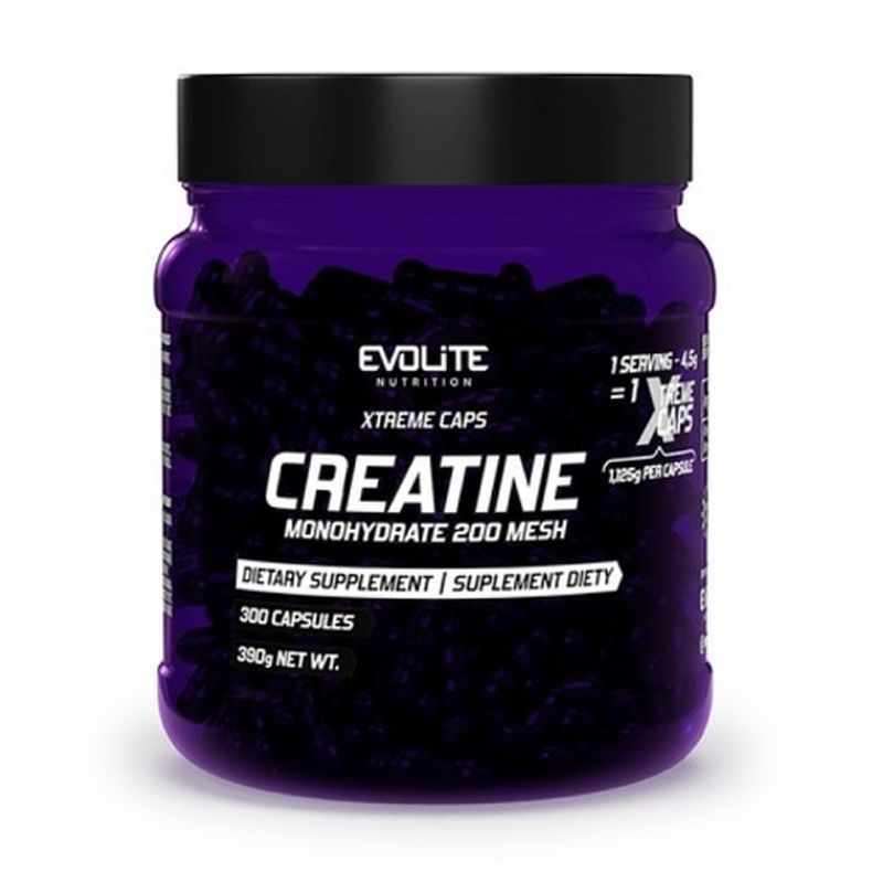 Lila Dose mit schwarzen Kapseln. Aufschrift: Evolite Nutrition, Creatine Monohydrat, 300 Kapseln, 390g Netto. Schwarzer Deckel.