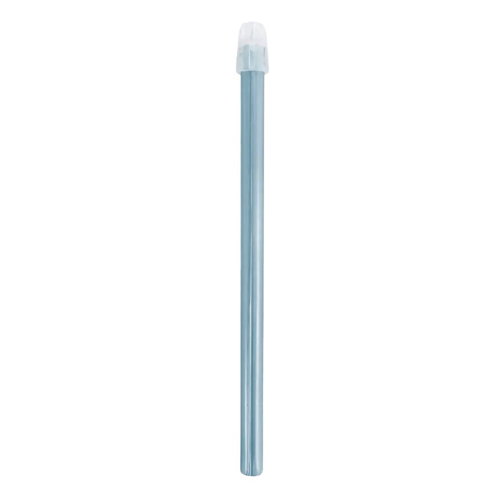 Ein langer, schmaler Speichelsauger aus blauem Kunststoff mit einer transparenten Kappe.