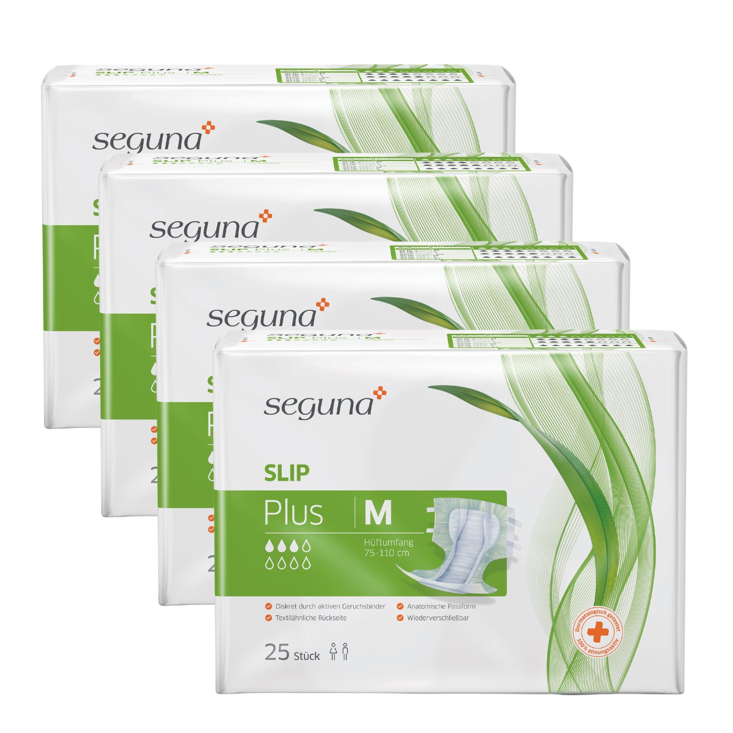 Vier Packungen SEGUNA Slip Plus. Weiße Verpackung mit Produktabbildung und grünen Akzenten. Aufdruck: Größe M, 25 Stück.