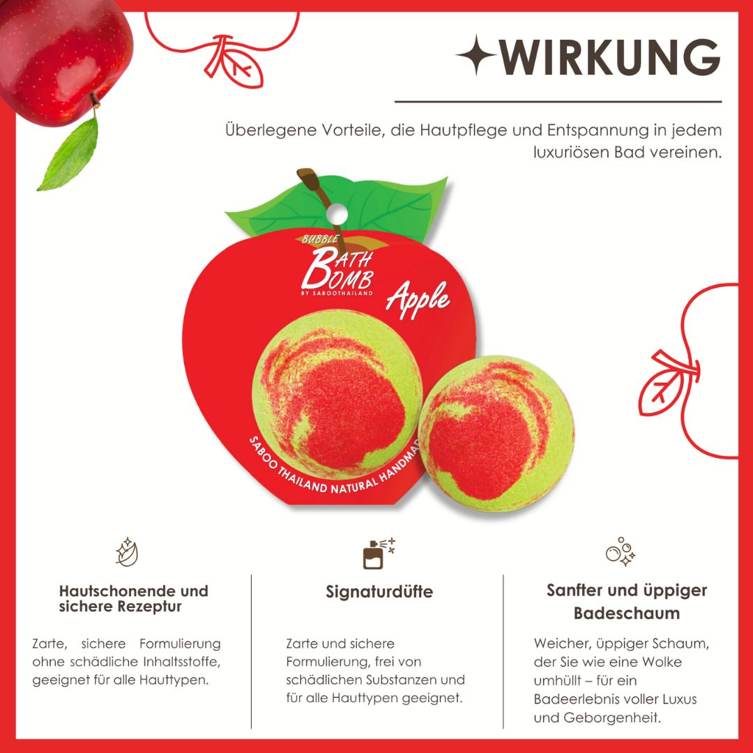 Zwei Bad Bomben mit Apfel-Design. Text: BATH BOMB, Apple. Text: Hautschonende und sichere Rezepte, Signaturdüfte, sanfter Badeschaum.