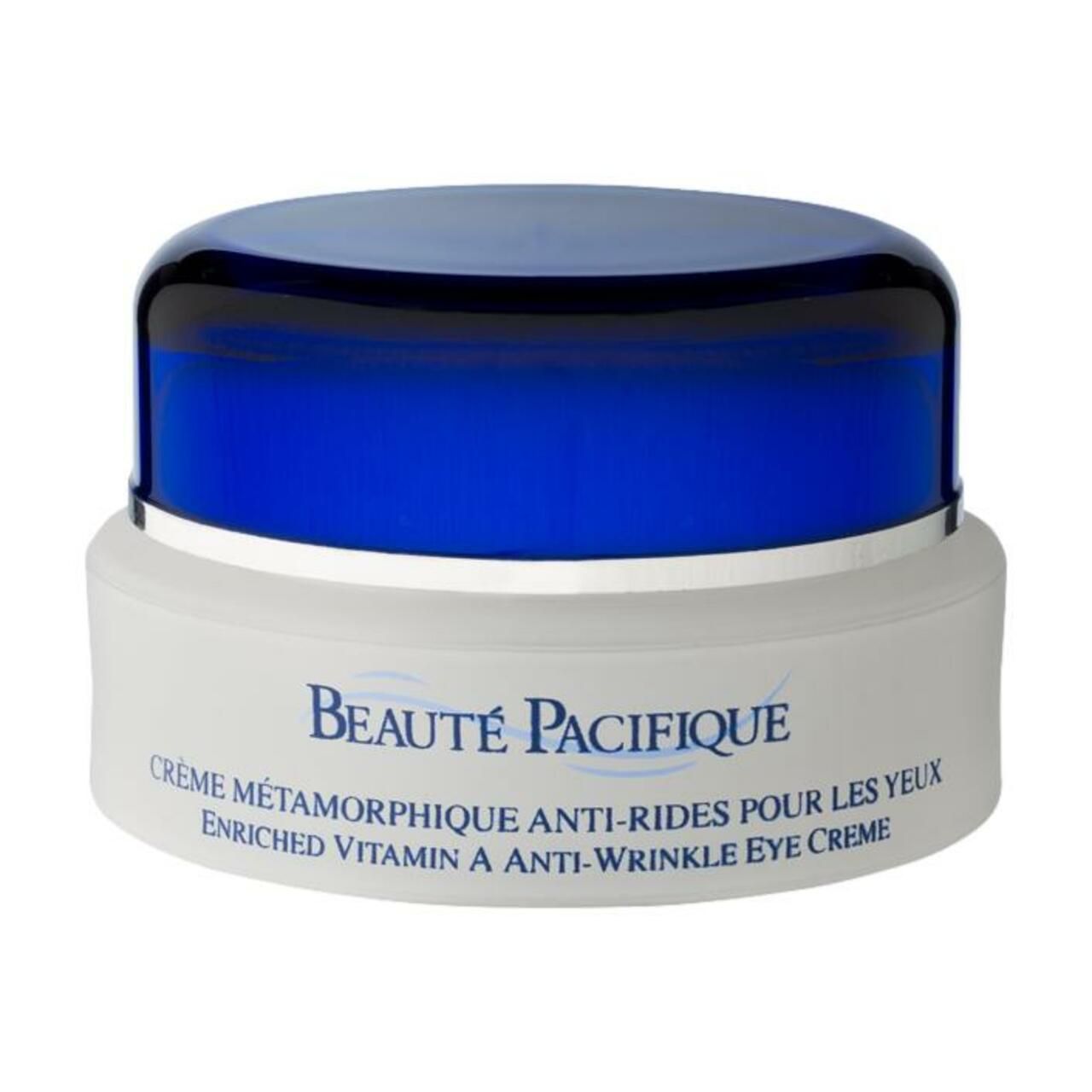 Creme-Glas mit blauem Deckel. Aufschrift: Beauté Pacifique, Crème Métamorphique Anti-Rides Pour Les Yeux, Enriched Vitamin A Anti-Wrinkle Eye Creme.