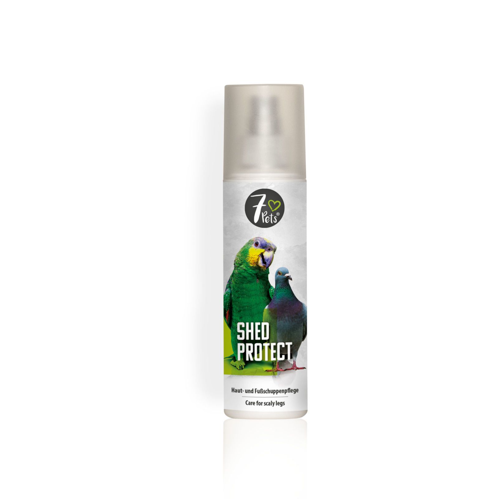 Sprühflasche mit Produktabbildung und Schriftzug SHED PROTECT. Aufschrift: 7Pets. Für Ziervögel und Hühner.