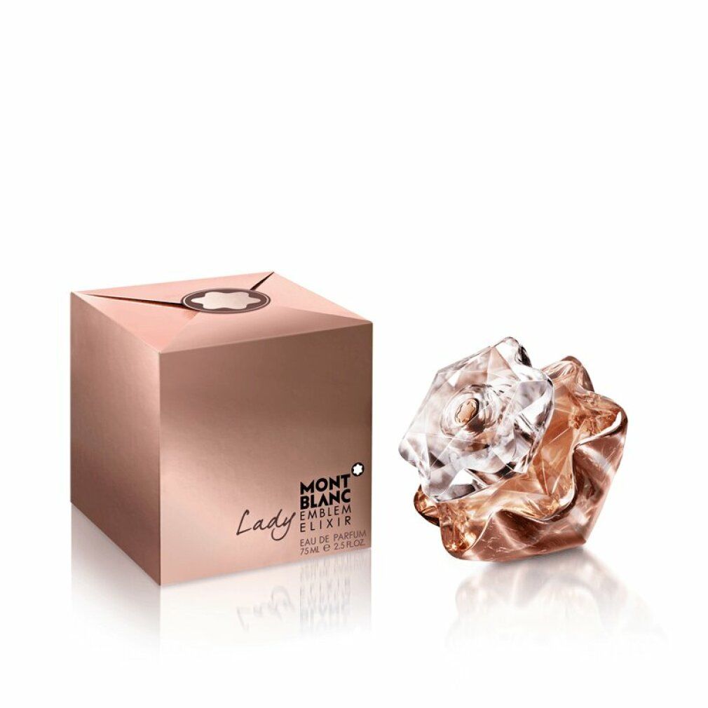 Parfümflakon neben rosafarbenem Karton. Auf dem Karton: Montblanc Lady Emblem Elixir, Logo und Text.